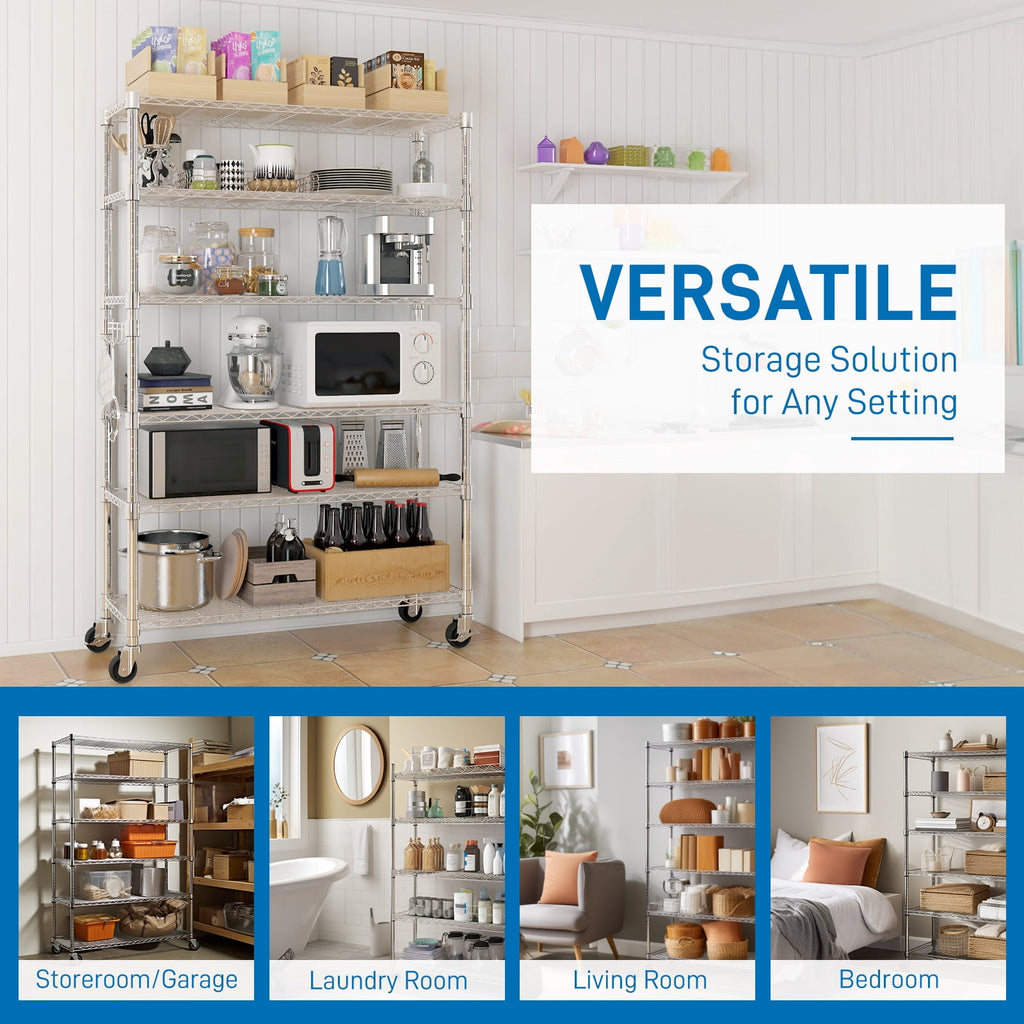 COOKCOK 6-Shelf Wire Shelving Unit, 46.06" x 17.71" x 81.88" Heavy Duty Steel Wire Rack, Adjustable Storage Shelving Rack with Wheels, Commercial Metal Shelf for Kitchen,Garage, Pantry, Silver