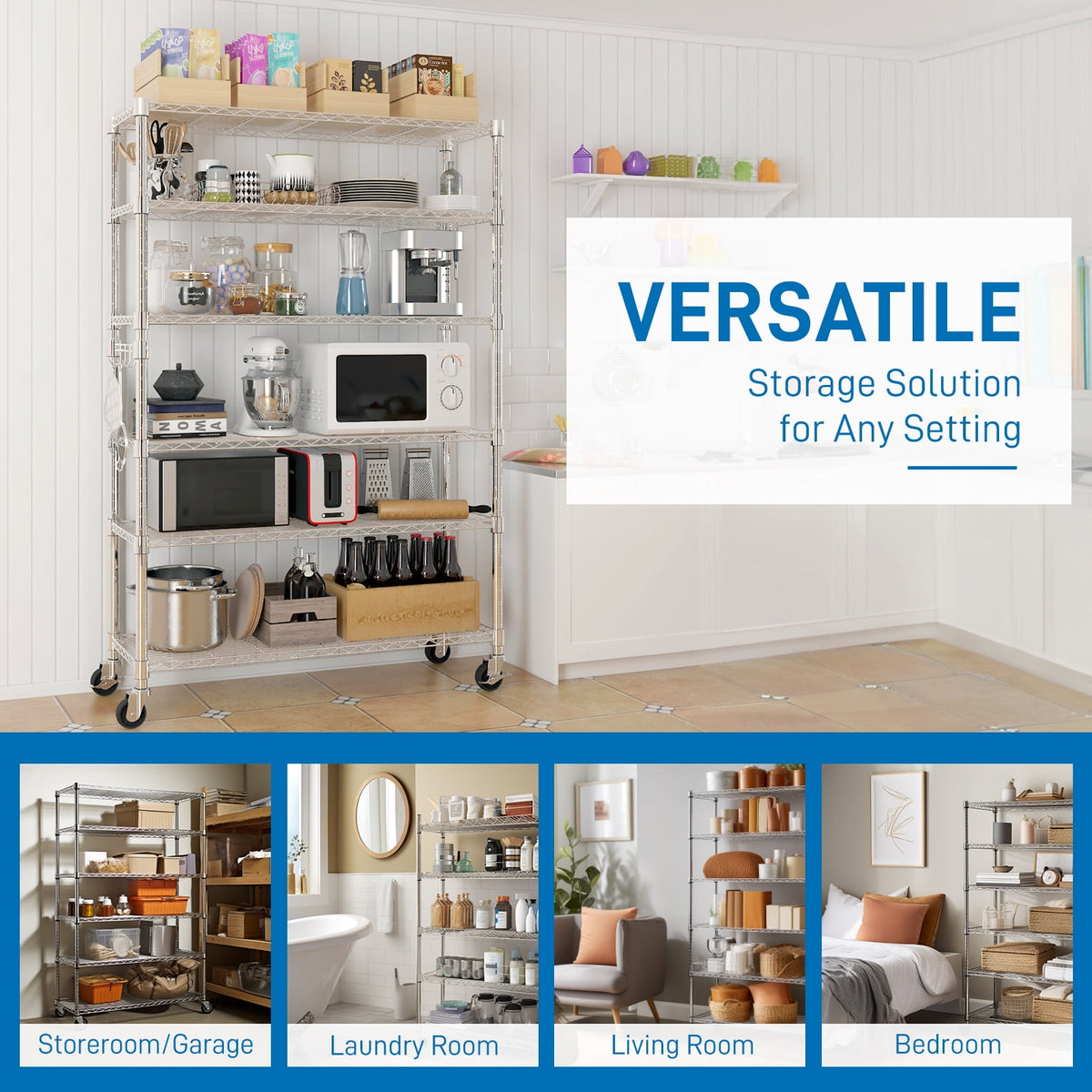 COOKCOK 6-Shelf Wire Shelving Unit, 46.06" x 17.71" x 81.88" Heavy Duty Steel Wire Rack, Adjustable Storage Shelving Rack with Wheels, Commercial Metal Shelf for Kitchen,Garage, Pantry, Silver
