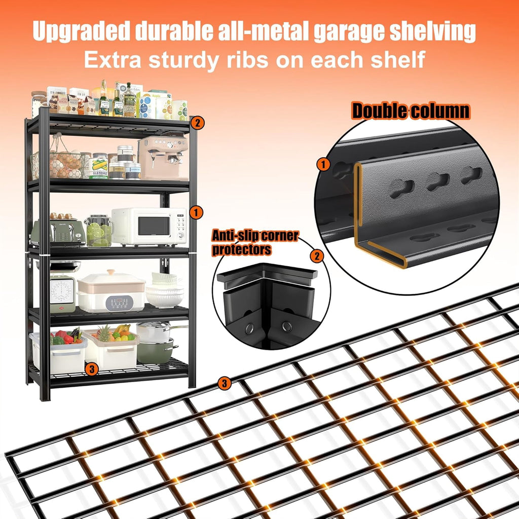 COOKCOK 71" H Garage Shelving, 5-Tier Heavy Duty Storage Shelves, Adjustable Metal Shelf Unit, 2000 LBS Capacity, Utility Organizer Rack for Basement, Pantry, Kitchen, Warehouse, Black