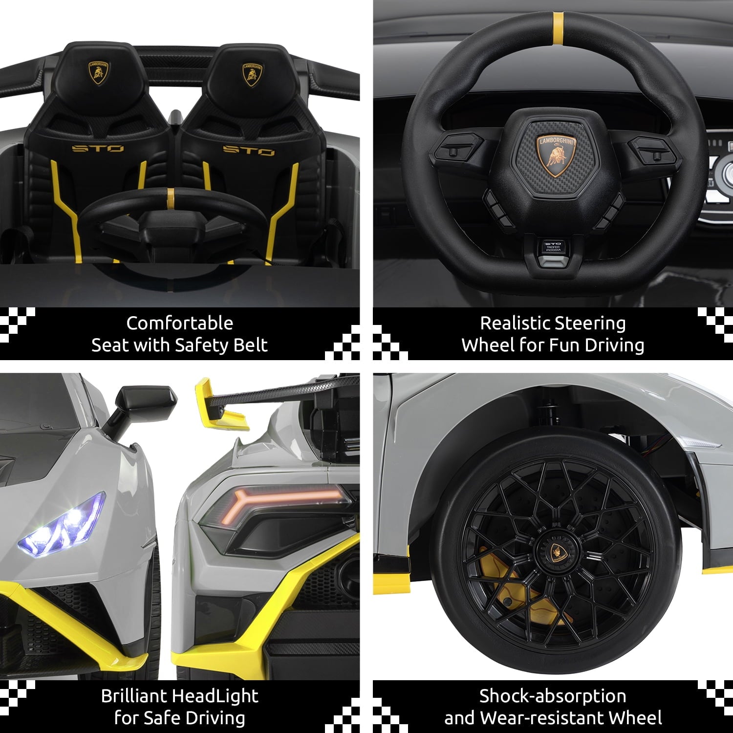 Track Seven 24V Kids Ride on Car, Licensed Lamborghini STO Electric Car for Boys Girls, 2-Seater Ride on Drift Car with Remote Control, Music, 360° Spin, Max Speed 6mph, Grey