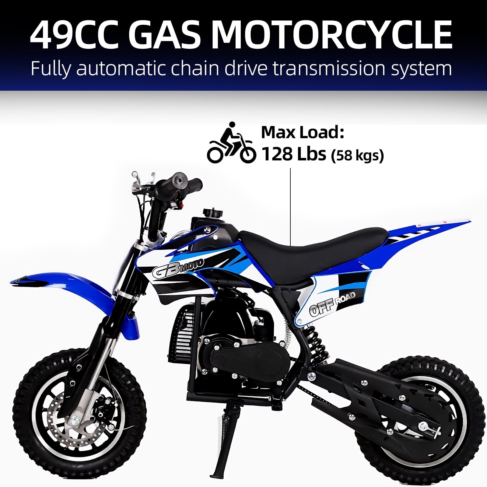 Track 7 49CC 2-Stroke Kids Dirt Bike, Off Road Gas Motorcycle, Up to 20Mph, Gas Dirt Bike w/Rear Suspension, Pull Start, Front & Rear Disc Brake, Blue