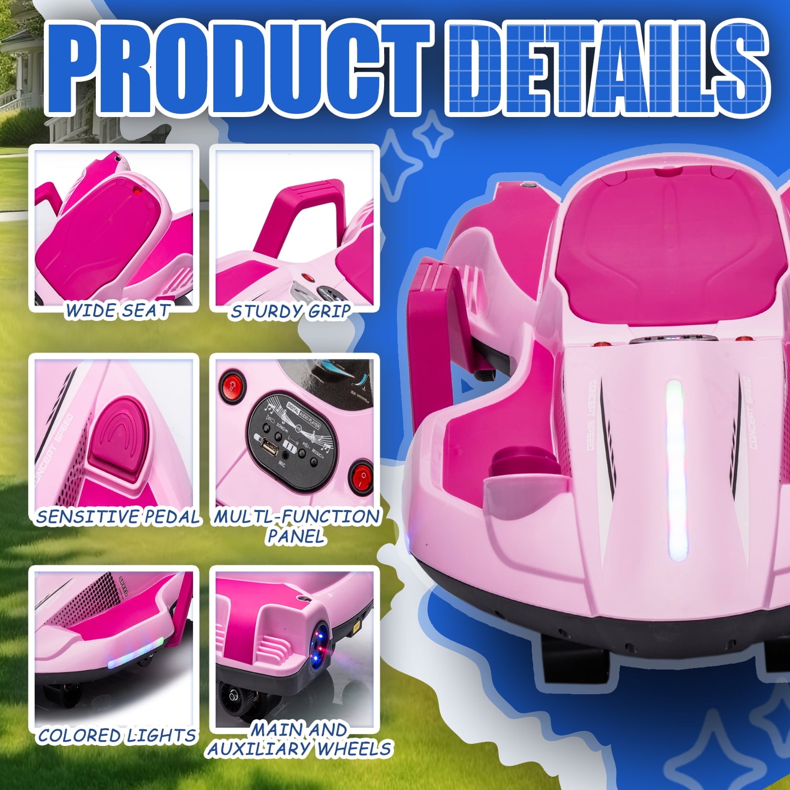 Track 7 24V Ride on Car with Helmet, Knee Pads, Gloves, Devilfish Pattern Ride on Electric Scooter with Spray Function, Gravity Steering, Music, Handrails, Max Speed 6.84 mph, Pink