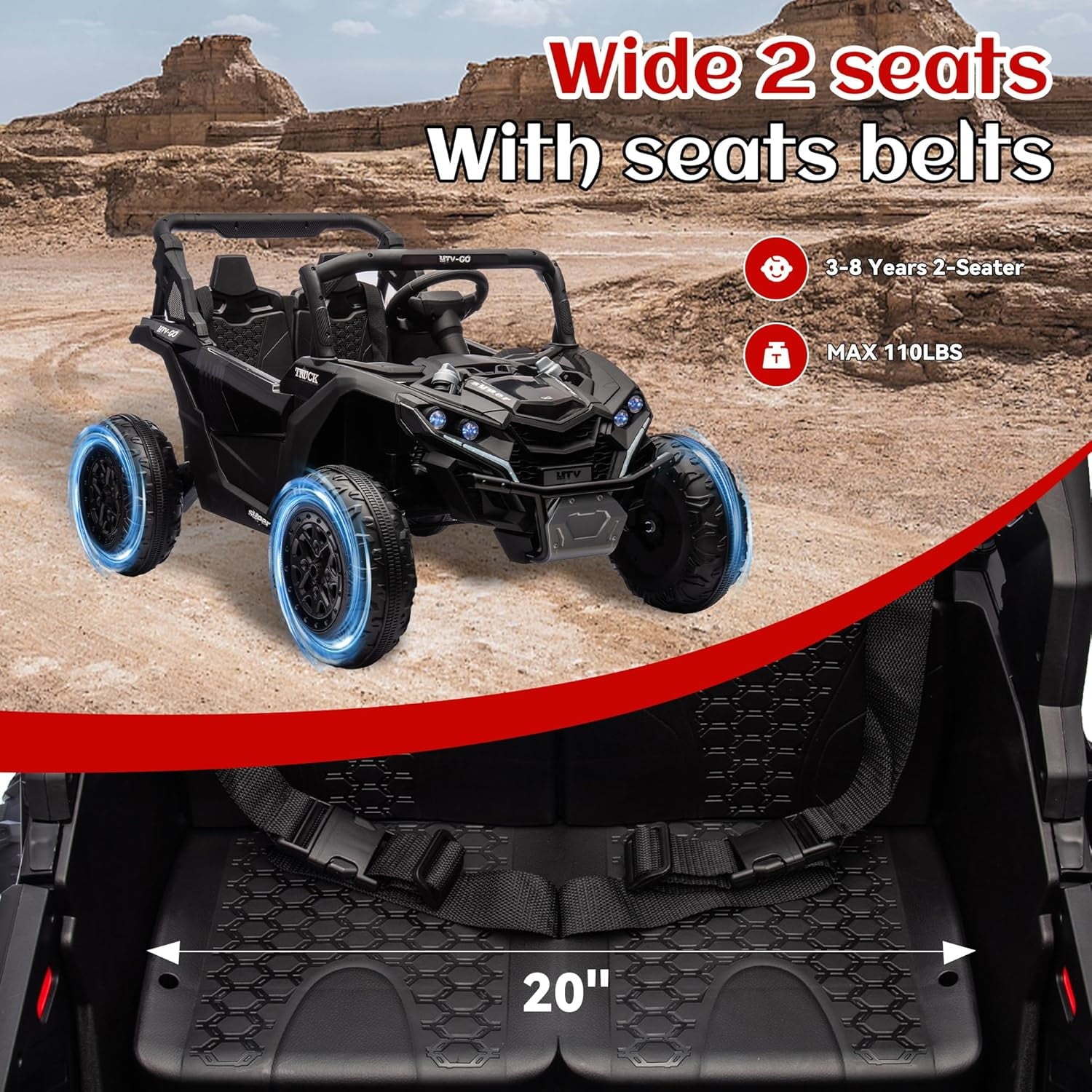 Track Seven 24V 2-Seater Ride on UTV, 20" Large Seat, 2 x 200W Powerful Motors, 4.5 mph Max Speed, Ride on Car w/Remote Control, MP3, Lights, Battery Powered Electric Car for Boys Girls Age 3+, Black