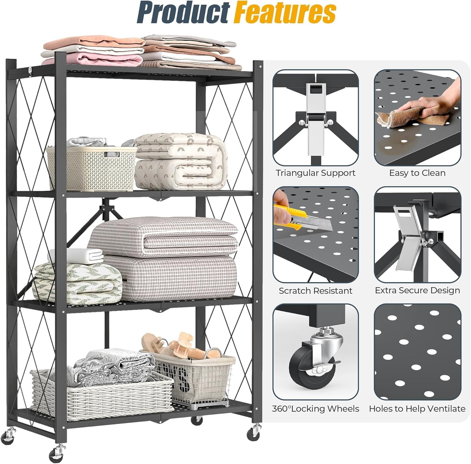 COOKCOK 4-Tier Storage Shelves, Foldable Shelving Units with Wheels, 27.9"x13.4"x 47.8", Freestanding Wire Shelf Rack with Hooks, No Assembly Organizer Rack for Garage Kitchen, Black (Pack of 2)