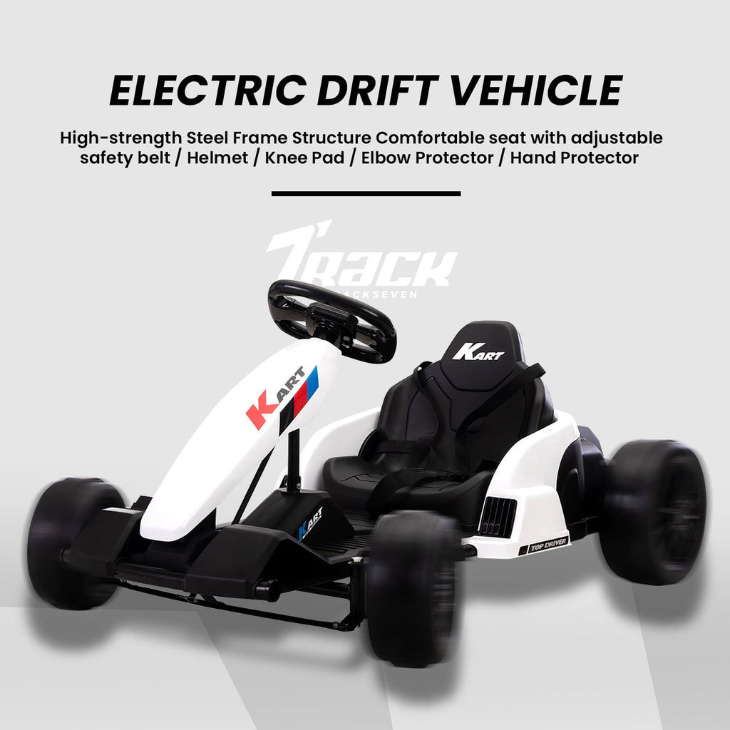 Track 7 24V Electric Drifting Go Kart for Kids,Max Speed Up to 8mph,Music,Safety Belt,Helmet,Knee Pads,Elbow Pads,Palm Pads.Electric Ride on Car,Racing Drift Kart for Kids Age 3+,White