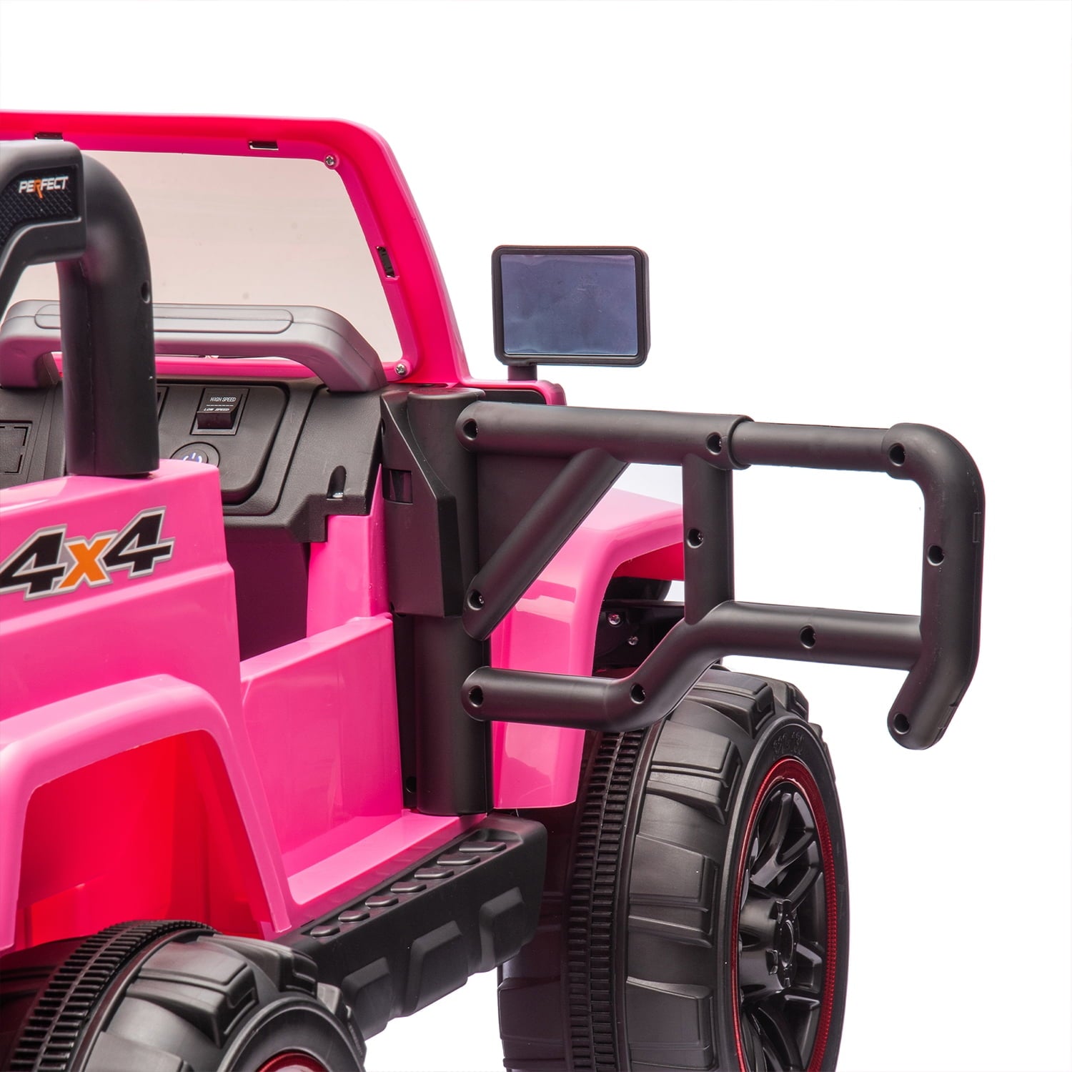 Track 7 24V Ride on Car, Kids Ride on Truck with Remote Control, 19.09" Seat Width, Bluetooth, Lights, Searchlight, Rear Storage, Portable Pull Rod, Max Speed 4 mph, Electric Car for Boys Girls, Pink
