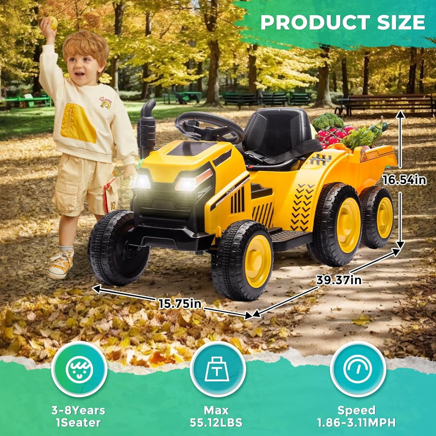 Track 7 12V Ride on Tractor, Kids Electric Tractor Black Knight with Detachable Trailer, Bluetooth, USB, 2WD, Removable storage Tug, 6-Wheel Ride on Toy Car for Boys Girls Age 3+, Yellow
