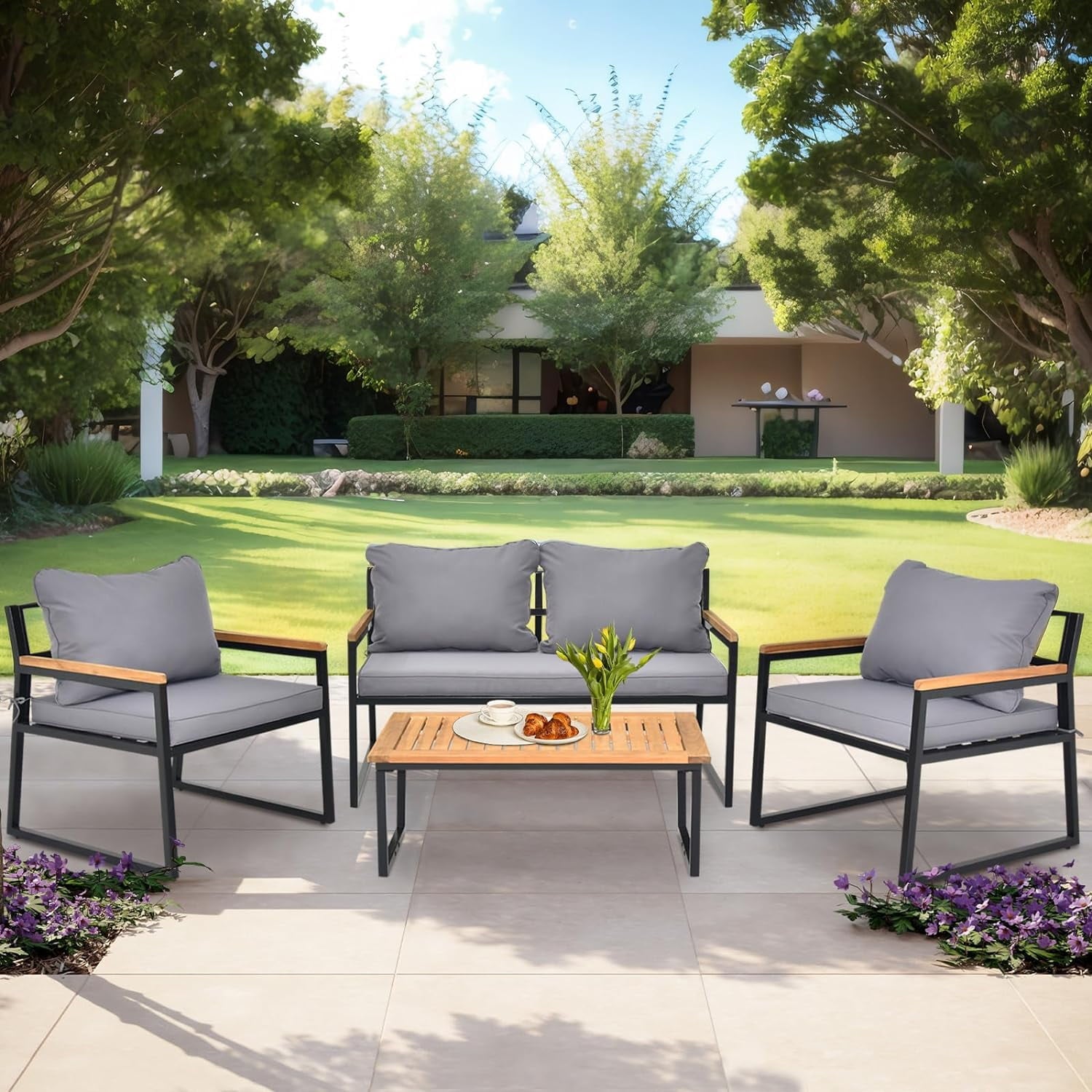COOKCOK Patio Furniture Set, 4 Pieces with Table Set, High-Resiliency Sponge Cushions, Sets with Washable, Gray