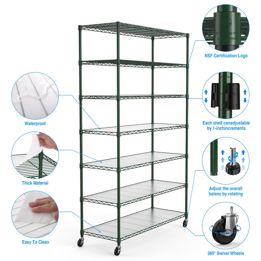 COOKCOK 7-Tier Wire Shelving Unit, 48" x 18" x 82" NSF Height Adjustable Metal Storage Shelf with Wheels, 500 lbs Capacity, Heavy Duty Garage Shelves with PE Mat,  Storage Wire Rack, Green