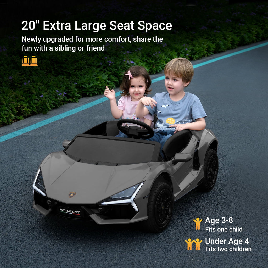 Track Seven 24V 2-Seater Ride on Car, Licensed Lamborghini Revuelto Electric Car with Remote Control, Music, LED Lights, Key Start, Spring Suspension, Max Speed 4.3mph, 24V Ride on Toy Car, Grey