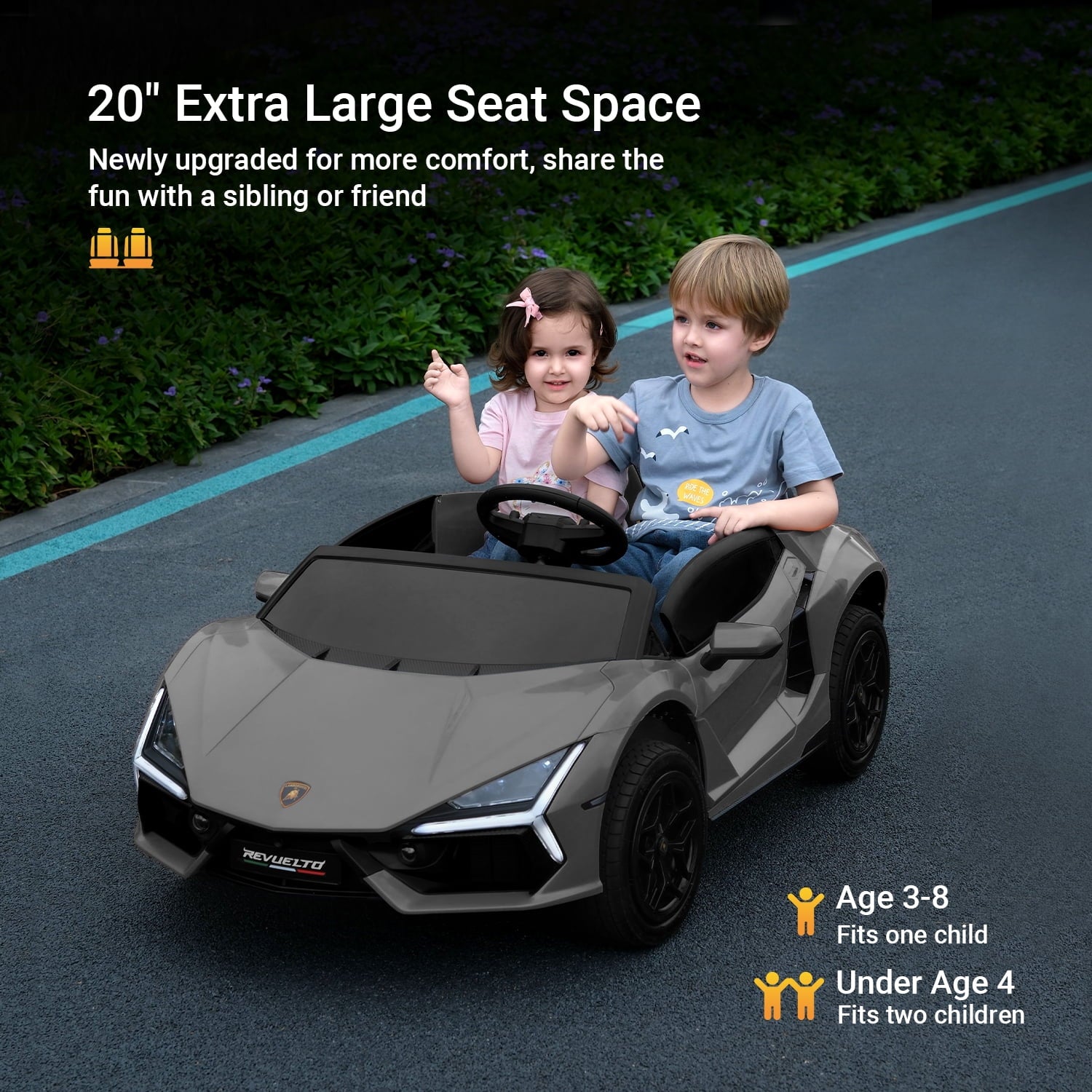 Track Seven 24V 2-Seater Ride on Car, Licensed Lamborghini Revuelto Electric Car with Remote Control, Music, LED Lights, Key Start, Spring Suspension, Max Speed 4.3mph, 24V Ride on Toy Car, Grey