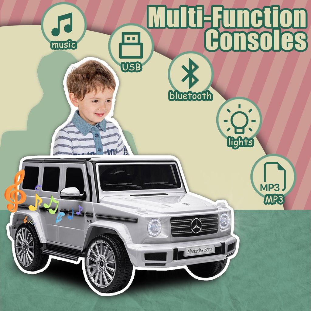Track 7 24V Ride on Car, Licensed Mercedes-Benz G500 Electric Car with Remote Control, USB, Bluetooth, LED Lights, Ride on Truck for Boys Girls Age 3+, White
