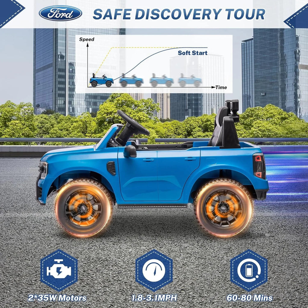 Track 7 12V Kids Ride on Car, Licensed Ford Ranger Electric Car with Remote Control, Music Player, LED Lights, Bluetooth, 12V Ride on Truck Car for Boys Girls Age 3+, Blue
