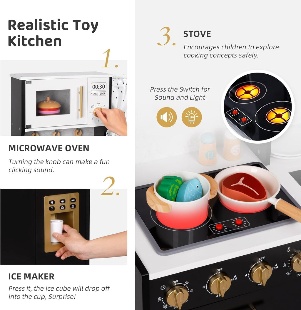 Track Seven Wooden Play Kitchen Set for Kids, Toddler Kitchen Playset with Real Lights & Sounds, Including 14 Pcs Accessories, Gift for Girls and Boys