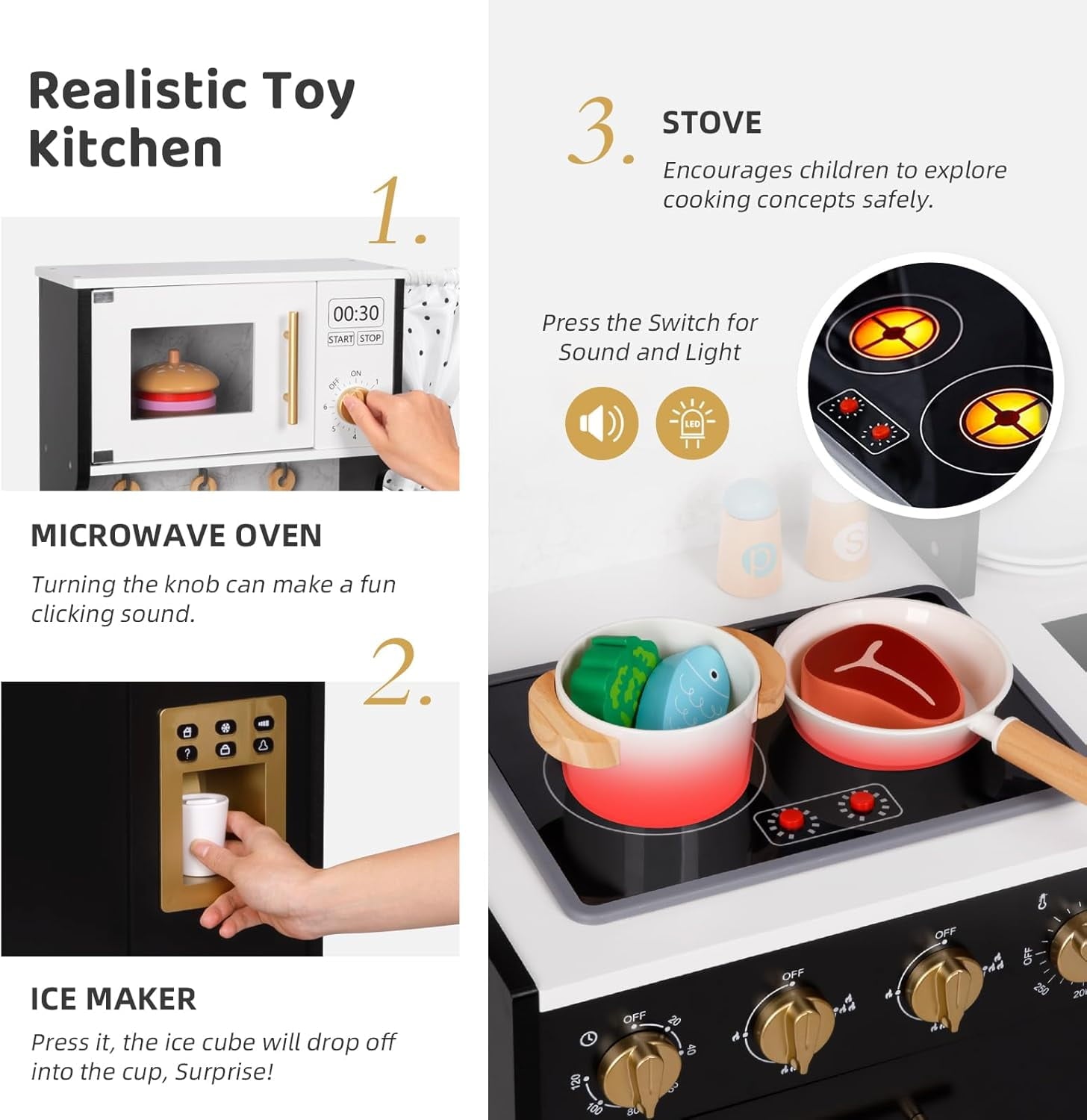Track Seven Wooden Play Kitchen Set for Kids, Toddler Kitchen Playset with Real Lights & Sounds, Including 14 Pcs Accessories, Gift for Girls and Boys