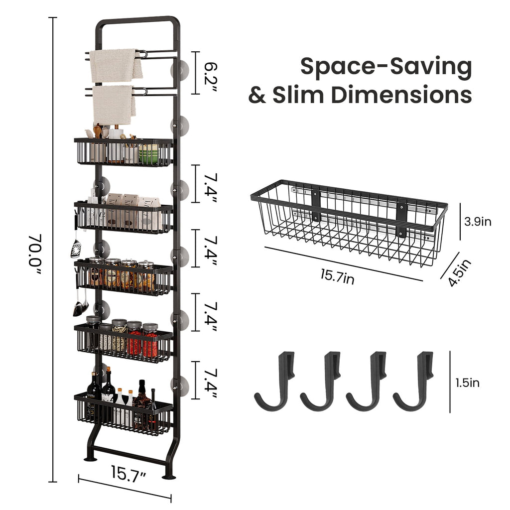 COOKCOK 7-Tier Slim Refrigerator Side Storage Rack, Narrow Space-Saving Gap Storage Shelf with Sliding Baskets, Paper Towel Holder & 4 Hooks for Kitchen, Bathroom, Laundry, Black