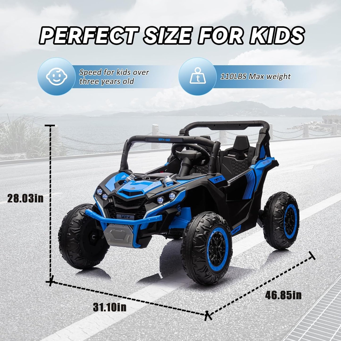 Track 7 24V 2-Seater Ride on UTV, 20" Large Seat, 2 x 200W Powerful Motors, 4.5 mph Max Speed, Ride on Car w/Remote Control, MP3, Lights, Battery Powered Electric Car for Boys Girls Age 3+, Blue