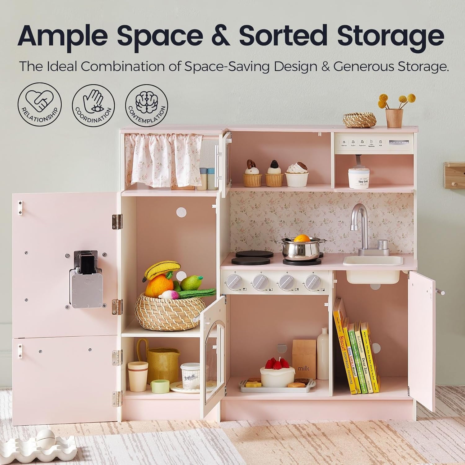 Track Seven Play Kitchen for Kids, Upgraded Wooden Kitchen Toy with Complete Play Areas, Pretend Cooking Set with Sink, Stove, Microwave, Toy Coffee Station & Storage for Kids Ages 3+, Pink