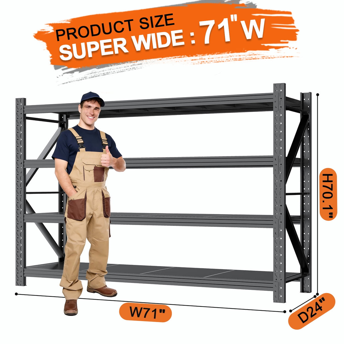 COOKCOK 4-Tier Heavy Duty Garage Shelving, 71"W x 24"D x 70"H, 6000LBS Adjustable Metal Storage Shelf, Black