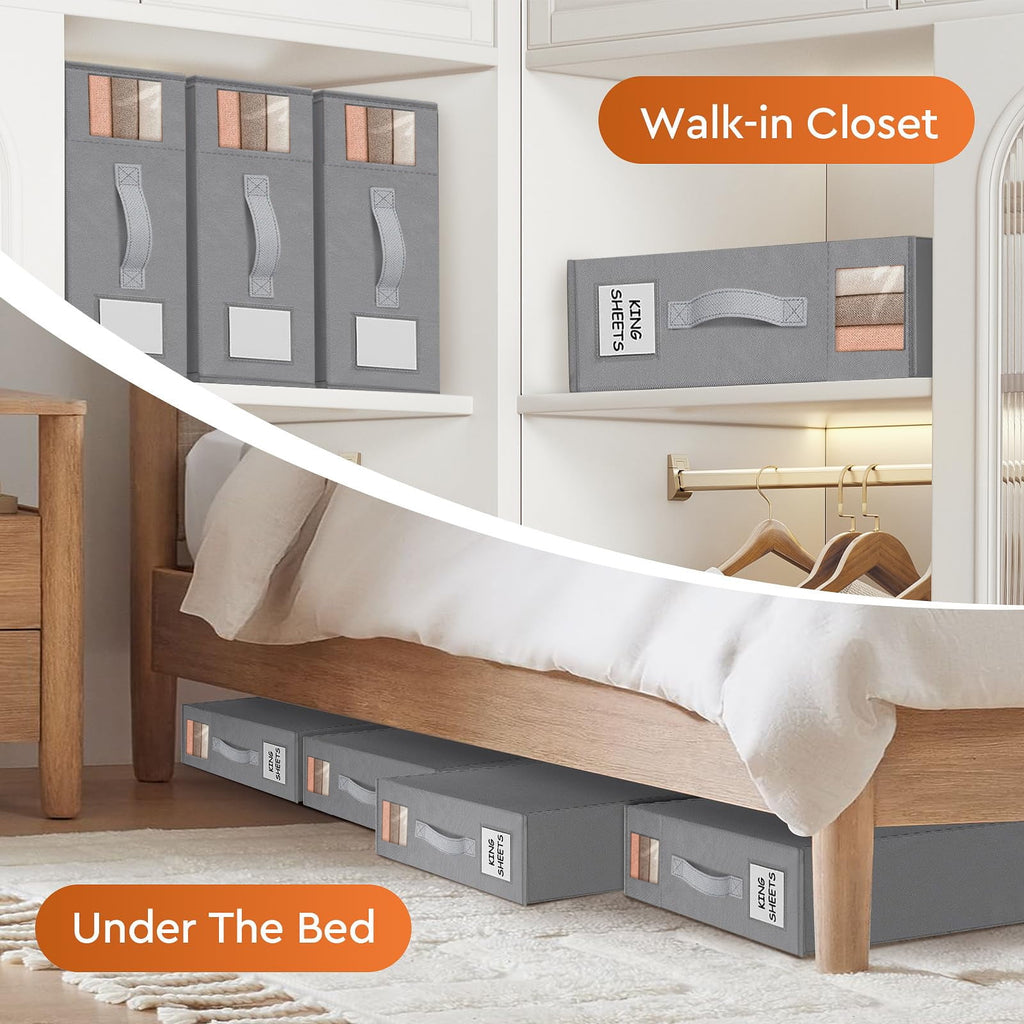 COOKCOK 4 Pack Bed Sheet Closet Organizers and Storage, Sturdy Foldable Storage Containers with Window and Label, Storage and Organization for Bedding Sheets, Duvet Covers, Blankets, Grey