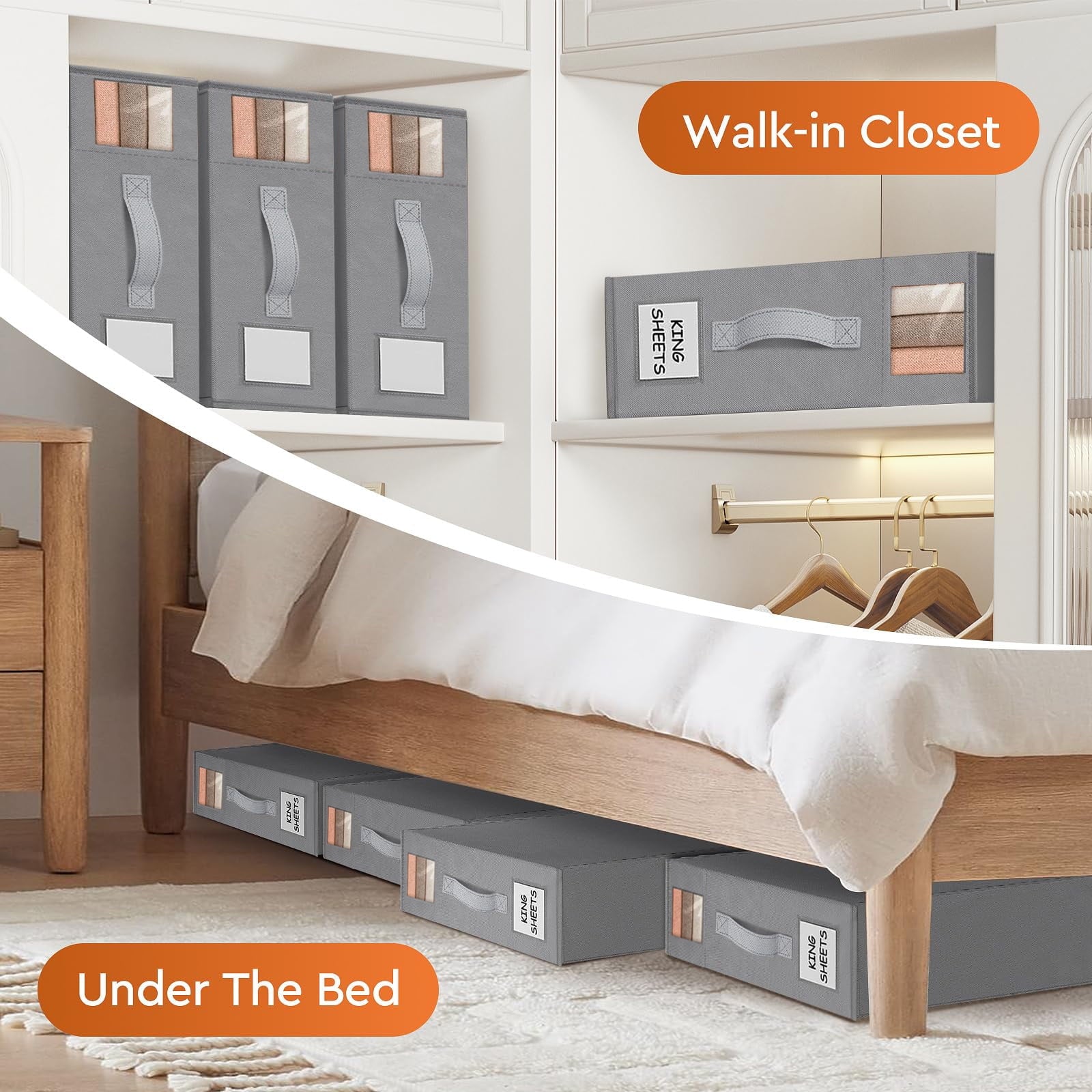 COOKCOK 4 Pack Bed Sheet Closet Organizers and Storage, Sturdy Foldable Storage Containers with Window and Label, Storage and Organization for Bedding Sheets, Duvet Covers, Blankets, Grey