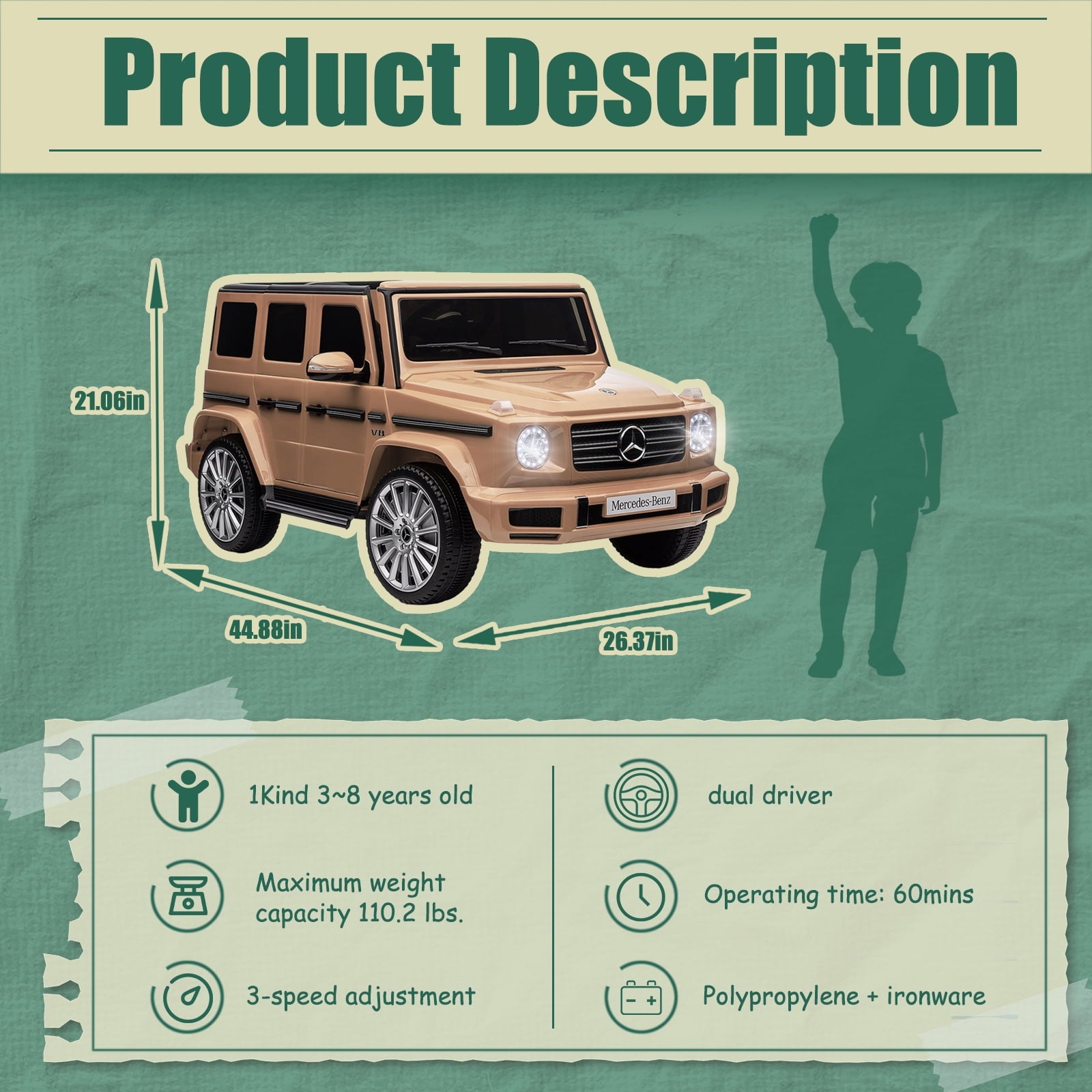 Track 7 24V Ride on Car, Licensed Mercedes-Benz G500 Electric Car with Remote Control, USB, Bluetooth, LED Lights, Ride on Truck for Boys Girls Age 3+, Yellow