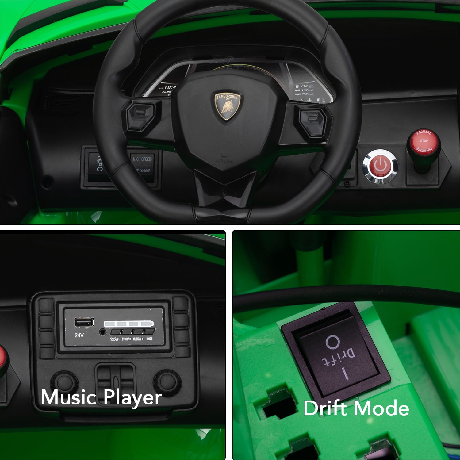 Track 7 24V Ride on Car, Licensed Lamborghini Drifting Car, 2-Seater Electric Car with Remote Control, MP3, LED Lights, PU Seat, Portable Handle, Green
