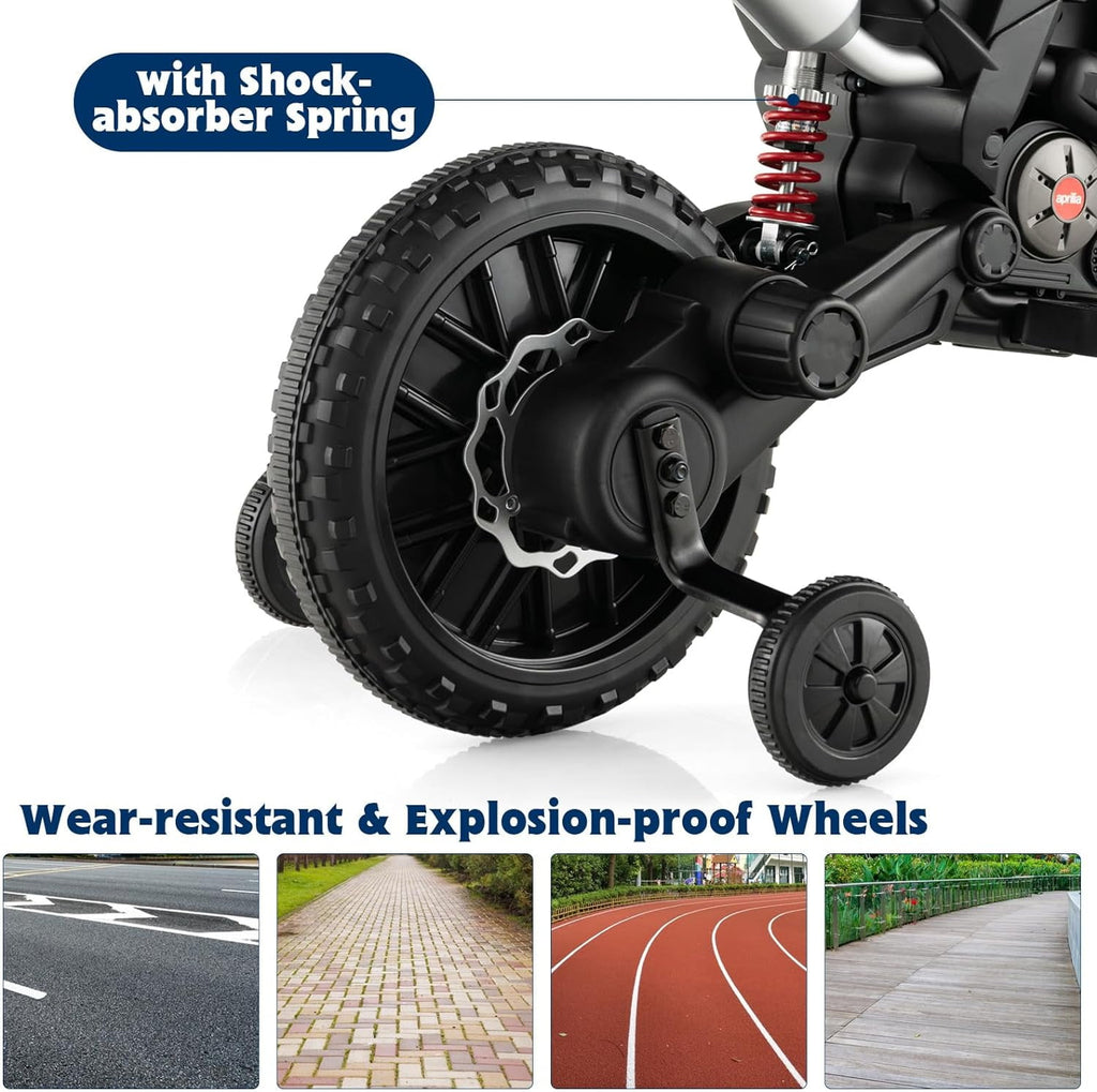 Track 7 12 V Ride on Motorcycle, Licensed Aprilia RX125 Kids Electric Motorcycle with Training Wheels, Spring Suspension, LED Lights, Music, White