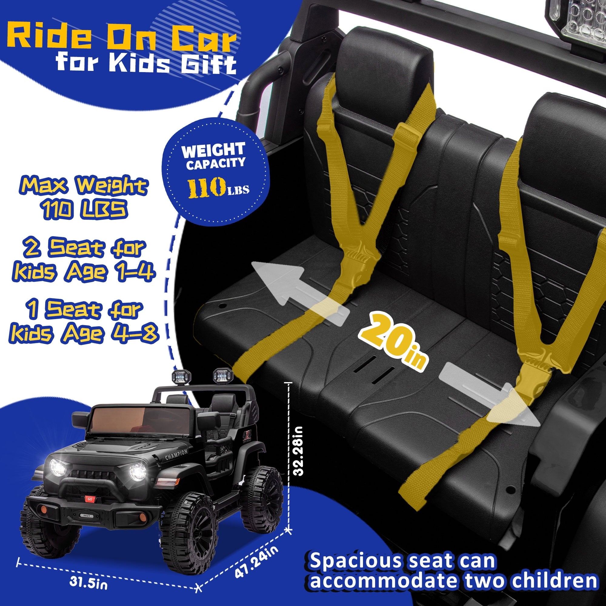 Track Seven 24V Ride on Truck, 2 Seater Ride On Toy Car for Big Kids, 19.7" Large Wide Seat, 4WD Electric Truck Car with Music, Bluetooth, Light and Searchlight, Max Speed 4.35 mph, Black