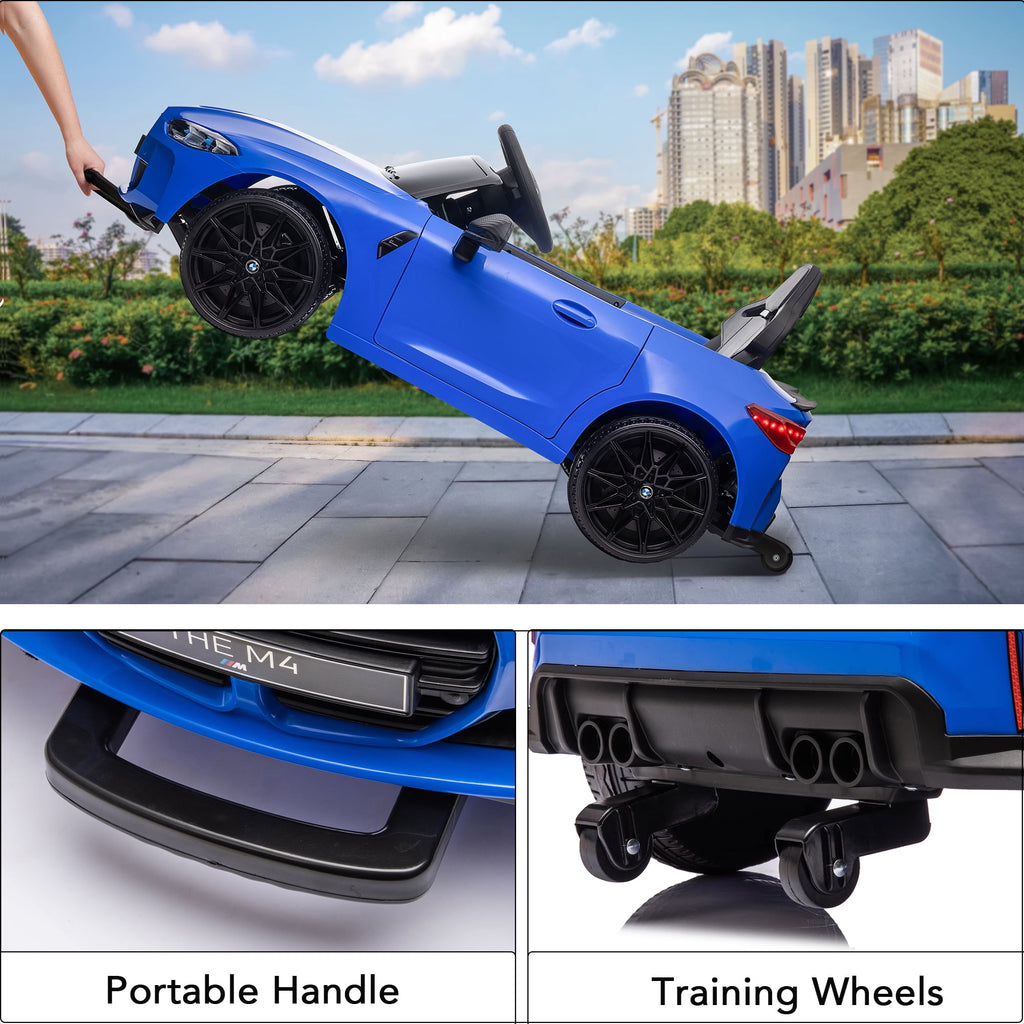 Track 7 12V Ride on Car, Licensed BMW M4 Electric Car, Kids Ride on Car with Remote Control, Bluetooth, Lights, Portable Handle, Blue