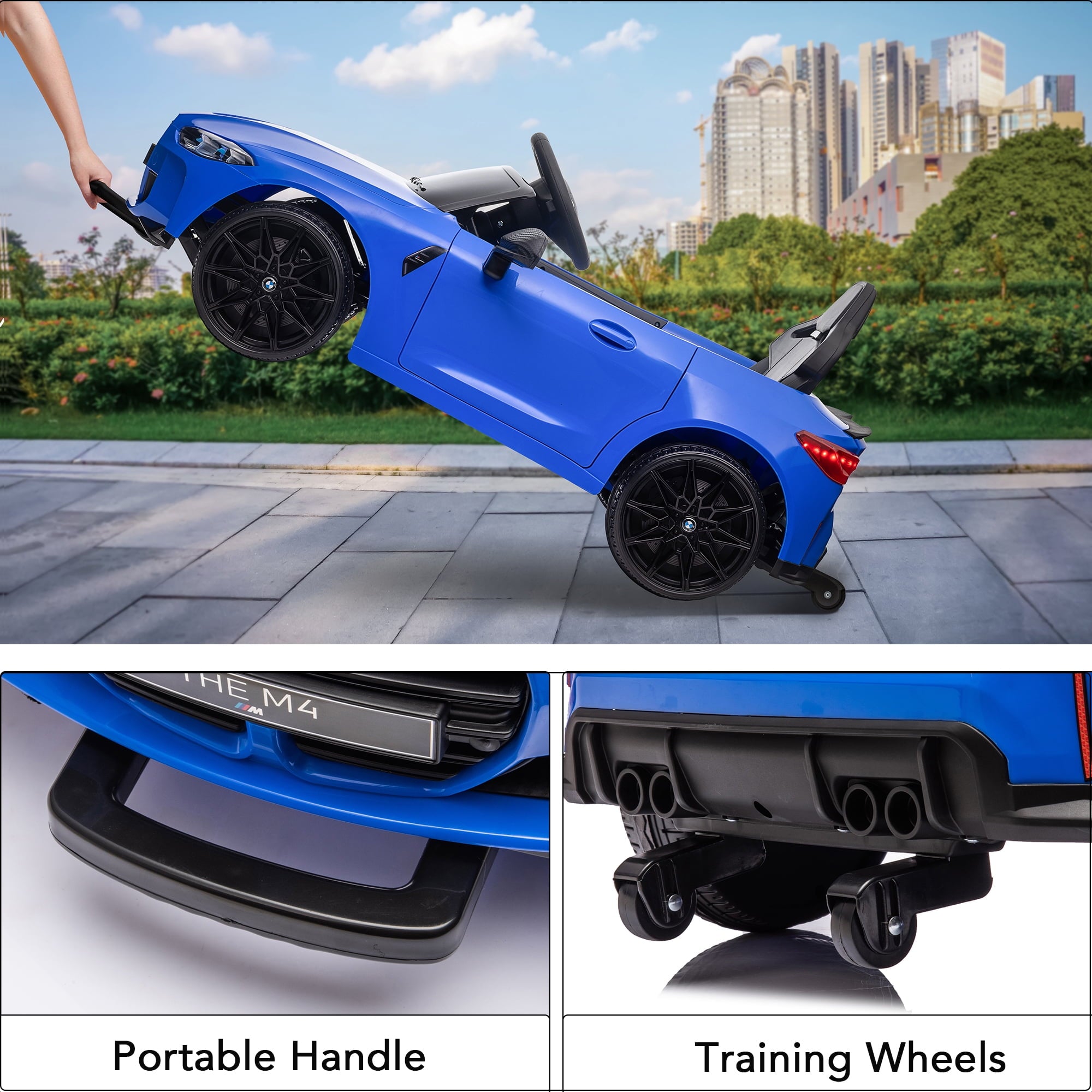 Track 7 12V Ride on Car, Licensed BMW M4 Electric Car, Kids Ride on Car with Remote Control, Bluetooth, Lights, Portable Handle, Blue