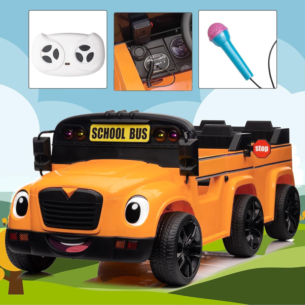 Track 7 12V 2-Seater Ride on Car, 6 Wheels School Bus for Kids with Remote Control, Walkie-Talkies, Microphone, LED Lights, Electric Truck Car for Boys Girls Age 3+, Orange