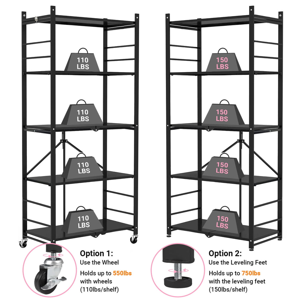 COOKCOK 5-Tier Storage Shelving Unit, Metal Shelf, Adjutable Height, Foldable Storage Shelf with Wheels, Garage Shelf, Kitchen Shelf, Side Protective, 550lbs Capacity, Black