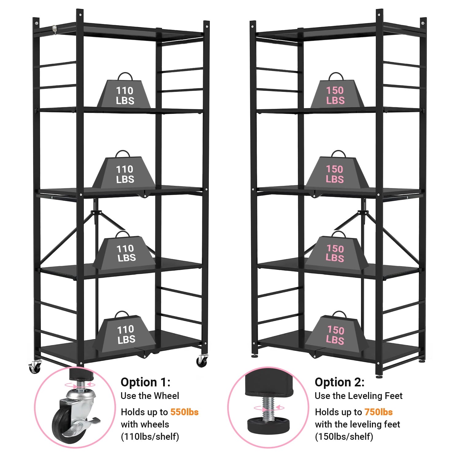 COOKCOK 5-Tier Storage Shelving Unit, Metal Shelf, Adjutable Height, Foldable Storage Shelf with Wheels, Garage Shelf, Kitchen Shelf, Side Protective, 550lbs Capacity, Black
