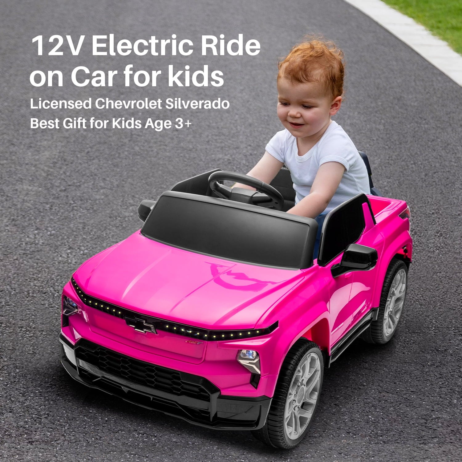 Track 7 12V Ride on Car, Licensed Chevrolet Silverado Electric Car with Remote Control, Bluetooth, LED Lights, Power Display, Rear Storage, 12V Ride on Truck Car for Boys Girls Age 3+, Blue