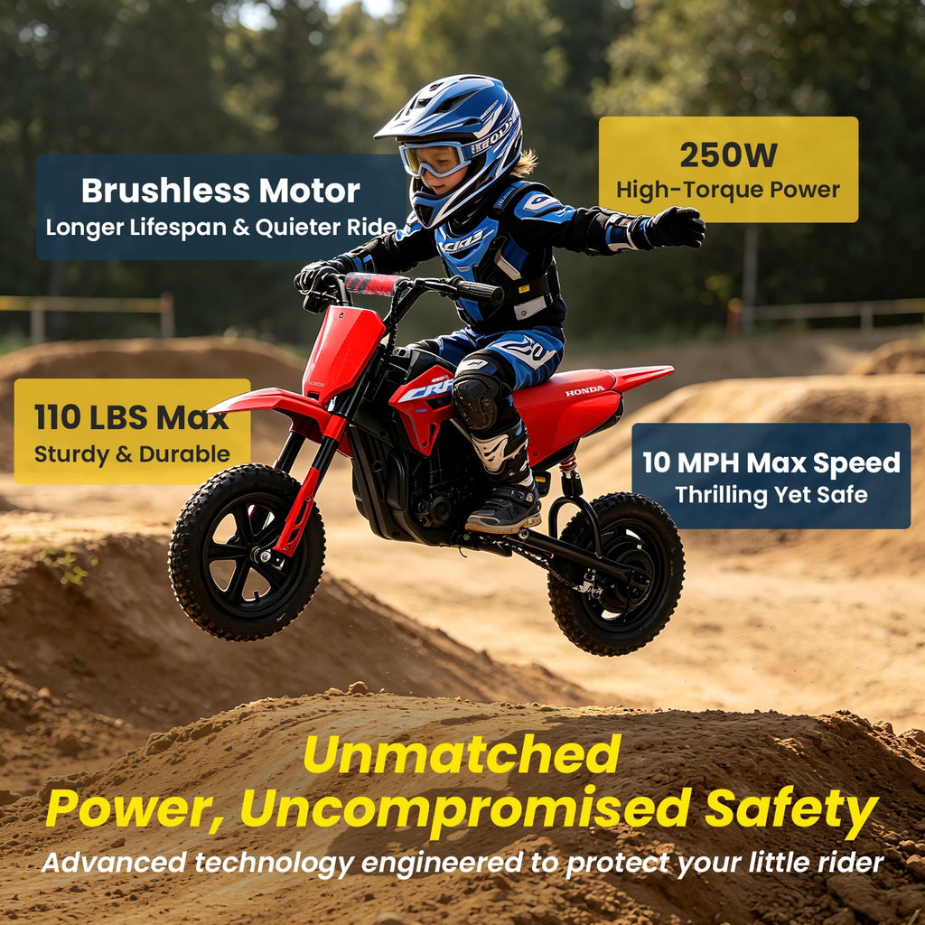 Track Seven 24V Electric Dirt Bike for Kids, Official Licensed Honda Electric Motorcycle, Up to10 Mph, Twist-Grip Throttle, 12" Pneumatic Tires, Bluetooth, Music, Motorcycle for Kids 6+, Red