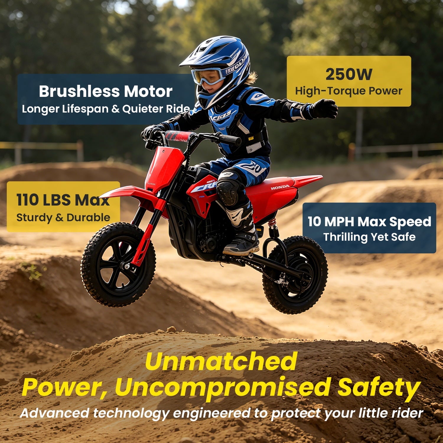Track Seven 24V Electric Dirt Bike for Kids, Official Licensed Honda Electric Motorcycle, Up to10 Mph, Twist-Grip Throttle, 12" Pneumatic Tires, Bluetooth, Music, Motorcycle for Kids 6+, Red