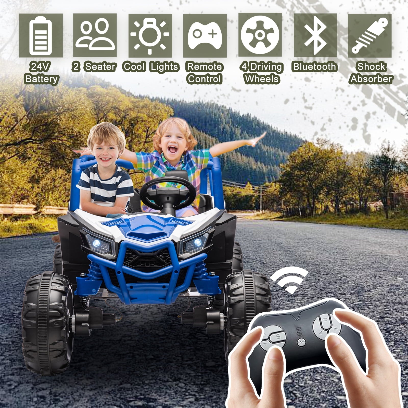 Track 7 24V Ride on UTV, 2-Seater Ride on Car with Remote Control, Music, 2 Speed, Key Start, 4x4 Ride on Off-Road Truck, Blue