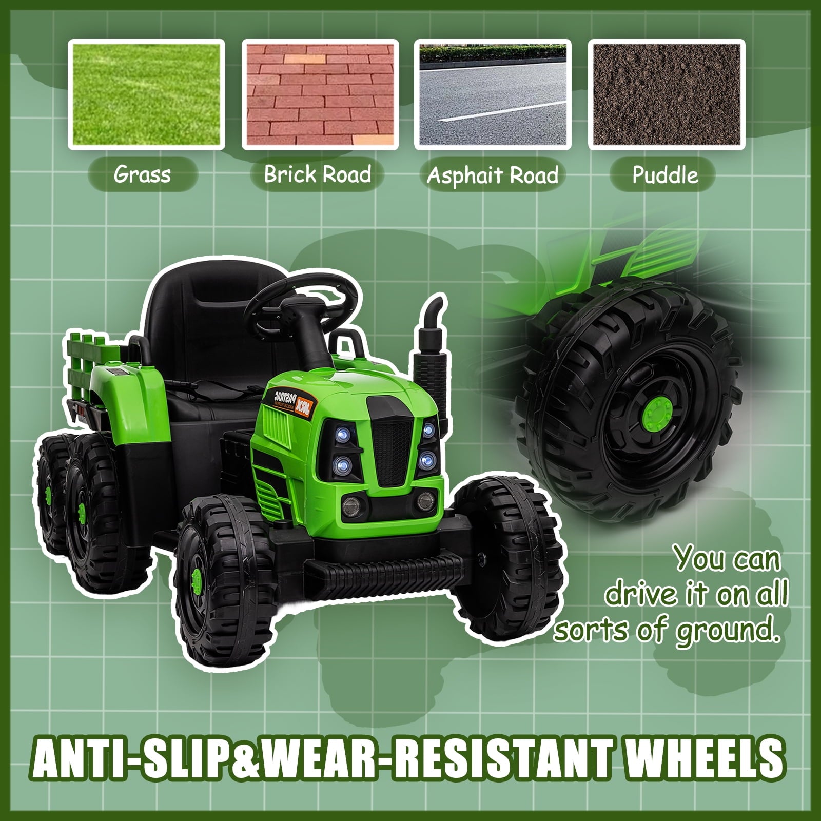 Track 7 12V Ride on Tractor with Trailer, 3-Gear-Shift Ground Loader, Kids Ride on Car with Remote Control, Bluetooth, Music, LED Lights, Electric Car for Boys Girls, Light Green
