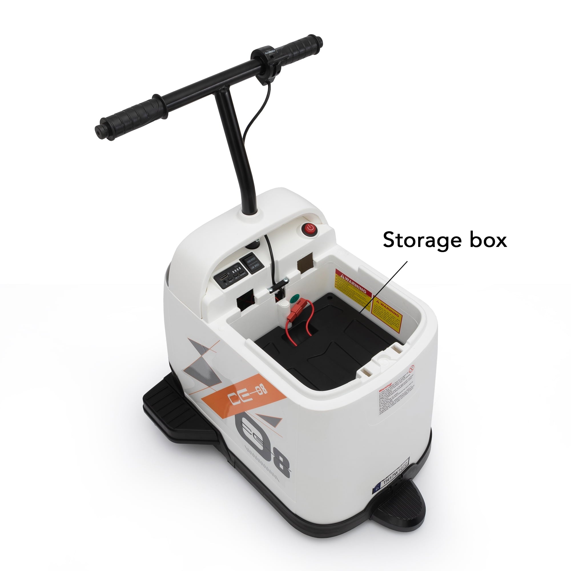 Track 7 12V Ride on Car, Kids Ride on Box, Electric Box Car with High-Low Speeds, Variable Speed Throttle, MP3, USB, Storage, Max Speed 5mph, White