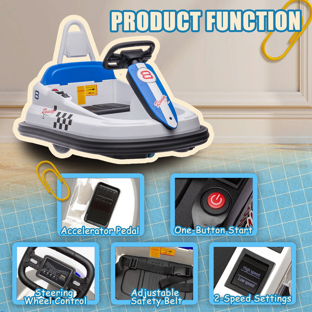 Track 7 6V Kids Ride On Bumper Car, Electric Toddles Ride On Car with Remote Control, 2 Driving Modes for Kids with Three Speed Adjustable, LED Lights, Horn, Bluetooth, White