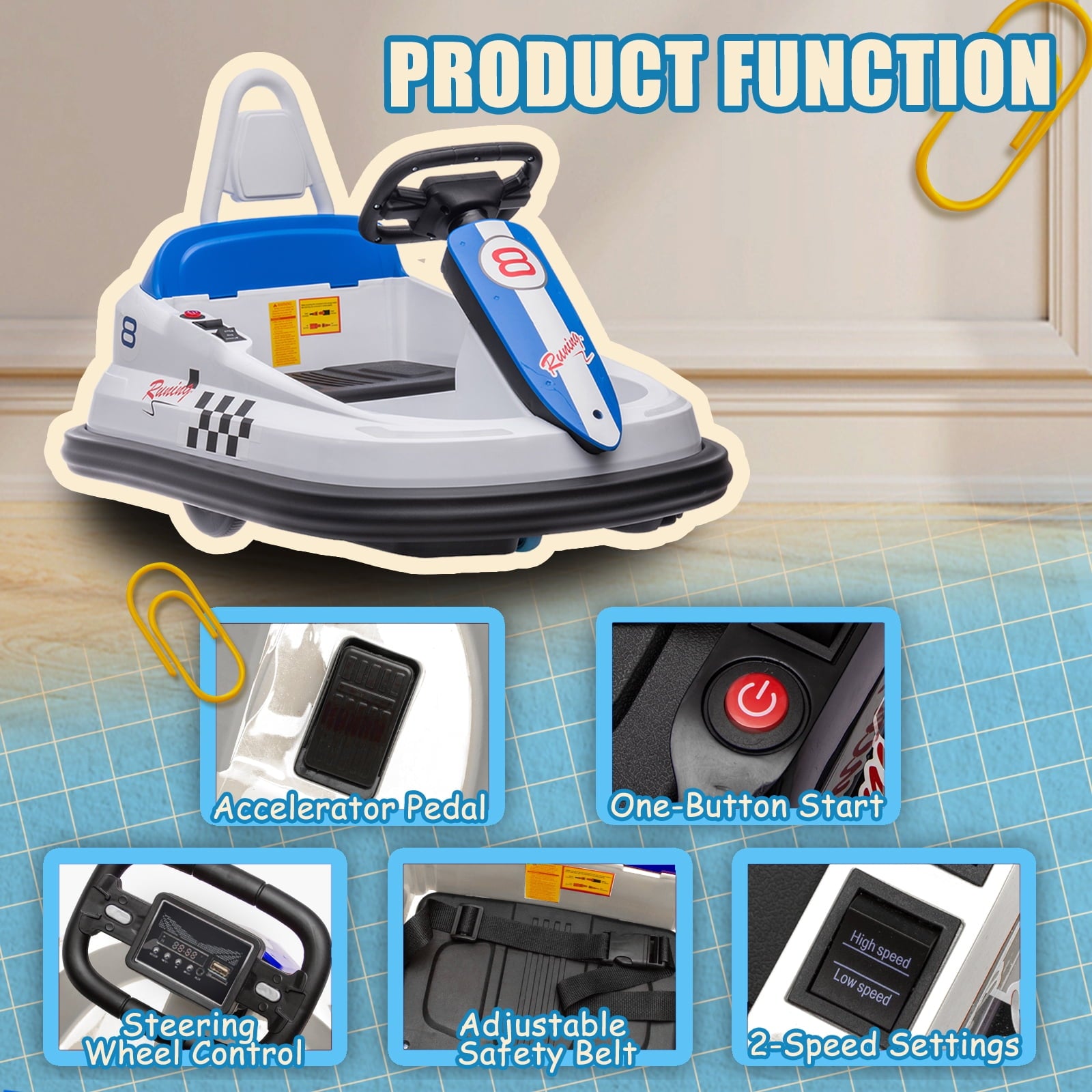 Track 7 6V Kids Ride On Bumper Car, Electric Toddles Ride On Car with Remote Control, 2 Driving Modes for Kids with Three Speed Adjustable, LED Lights, Horn, Bluetooth, White