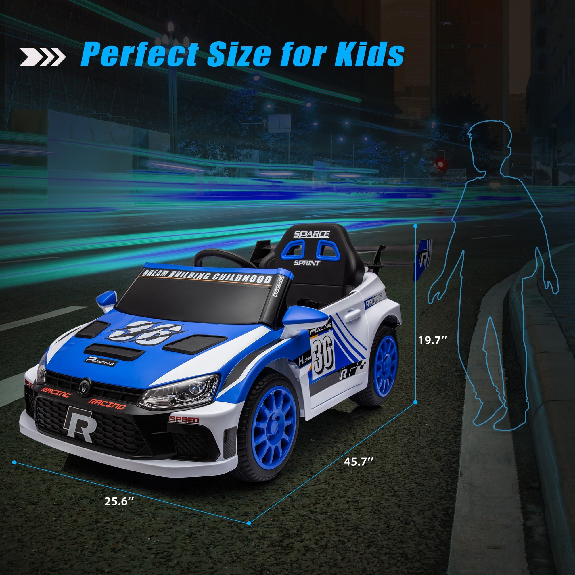 Track 7 Kids Ride on Car, 12V Electric Sports Car with Remote Control, Bluetooth, Front Light, Electric Buggies for Boys Girls Age 3+, Blue