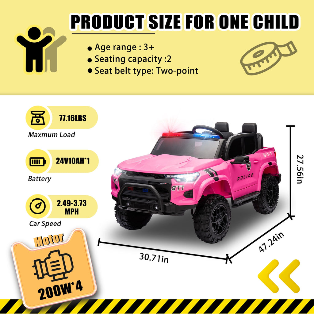 Track 7 24V Ride on Car, 2-Seater Kids Ride on Pickup Police Car with Remote Control, Bluetooth, 4 x 200W Motor Electric Car, 3 speeds, LED Lights, Spring Suspension, Pink