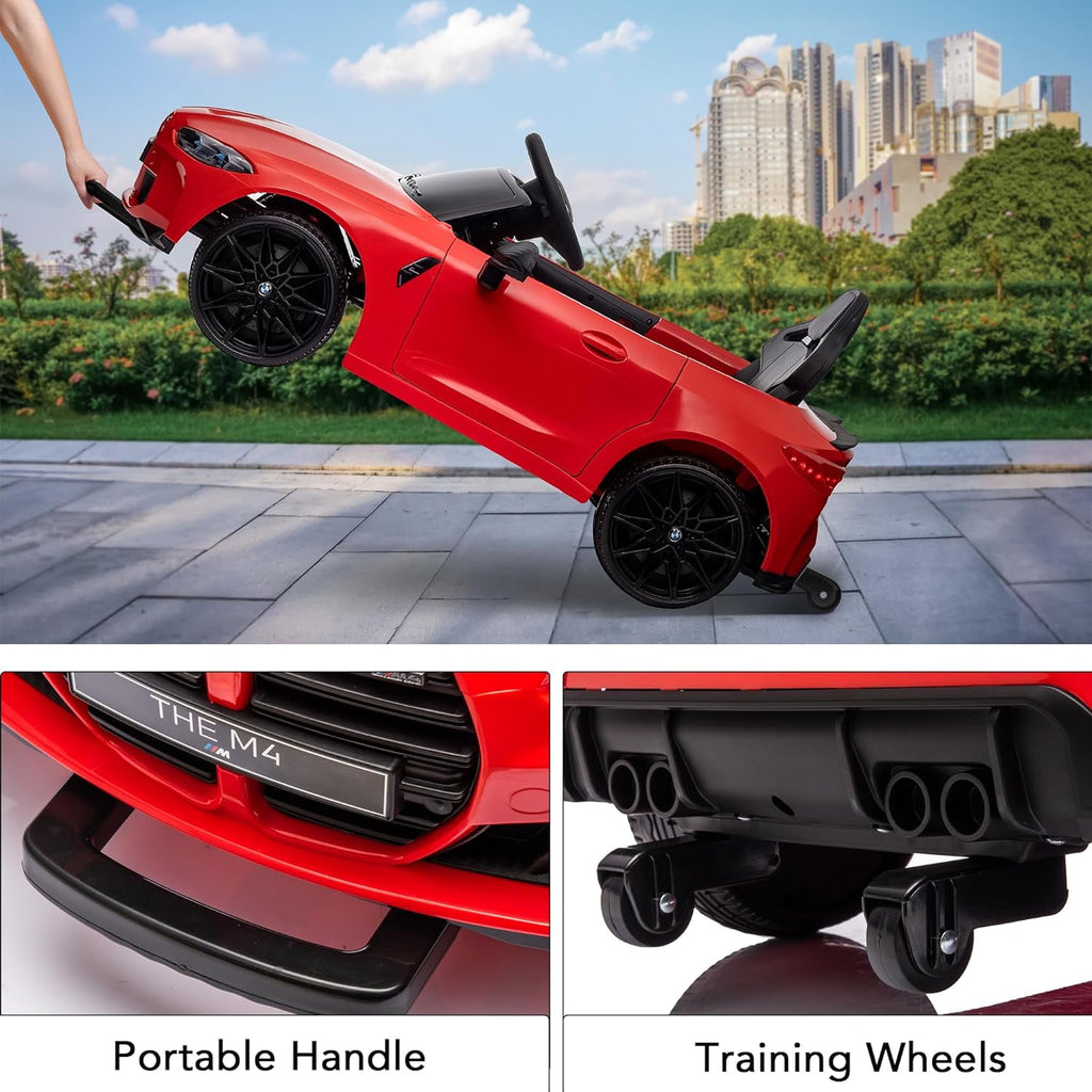SUSIELADY 12V Kids Ride on car, Licensed BMW M4, with Handle with Wheels, Pull, Parent Remote Control, Power Display, USB, MP3, Bluetooth, LED Light