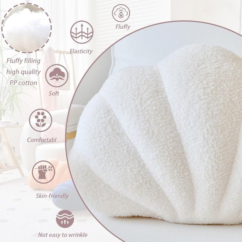 COOKCOK Shell Pillow, Seashell Throw Pillows, 14" x 11" Soft Decorative Pillow Plush Cushion for Bed Couch Living Sofa Room Decor Accent Throw Pillow, White