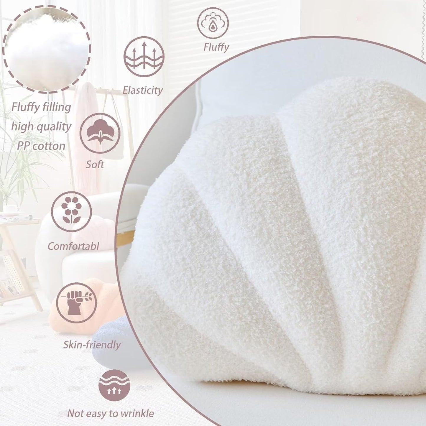 COOKCOK Shell Pillow, Seashell Throw Pillows, 14" x 11" Soft Decorative Pillow Plush Cushion for Bed Couch Living Sofa Room Decor Accent Throw Pillow, White