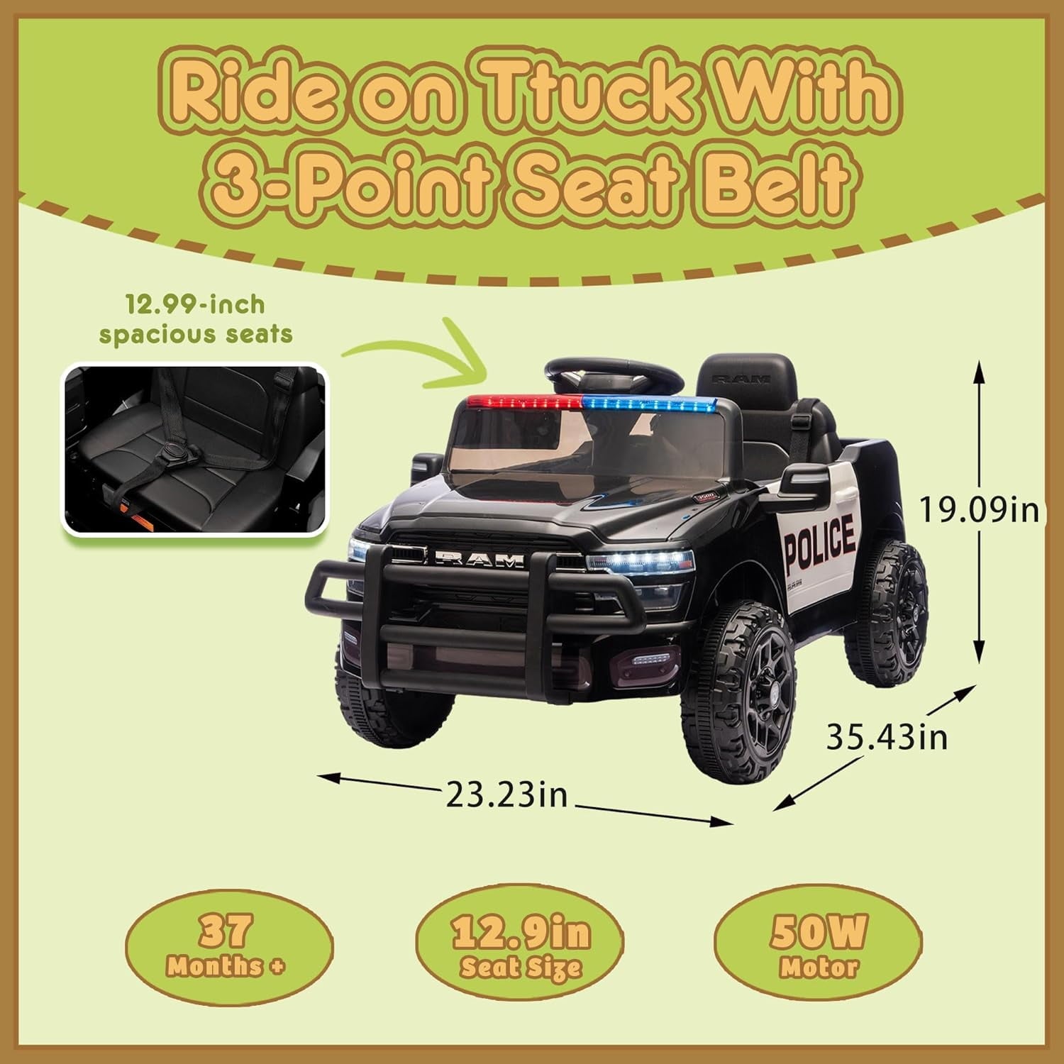 Track Seven 12V Ride on Car, Licensed Dodge RAM 3500 Ride On Truck with Remote Control, Rear Shock Suspension, LED Headlights, Low Battery Alarm, Bluetooth, Music, Ride on Toy for Kids Aged 3+, Black