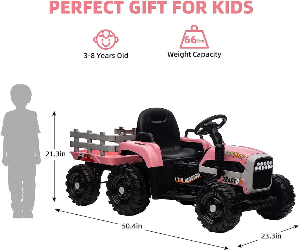 Track 7 12V Ride on Tractor with Trailer, Kids Electric Car with Remote Control, Bluetooth, MP3, LED Lights, 3-Gear-Shift Ground Loader, Ride on Car for Boys Girls, Pink