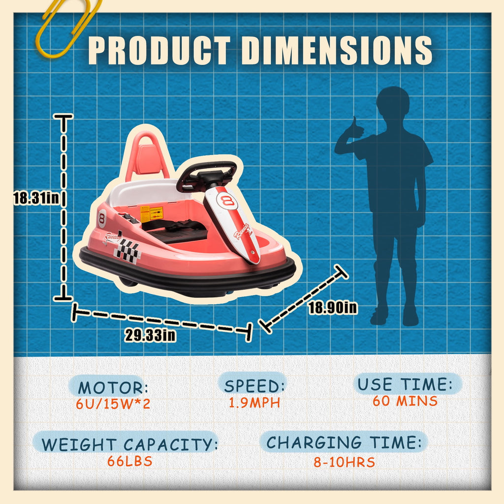 SUSIELADY 6V Kids Ride On Bumper Car, with Parent Remote Control, Vehicle Body with Anti-Collision Padding, 2 Driving Modes for Kids with 3 Speed Adjustable, LED Lights, Horn, Bluetooth